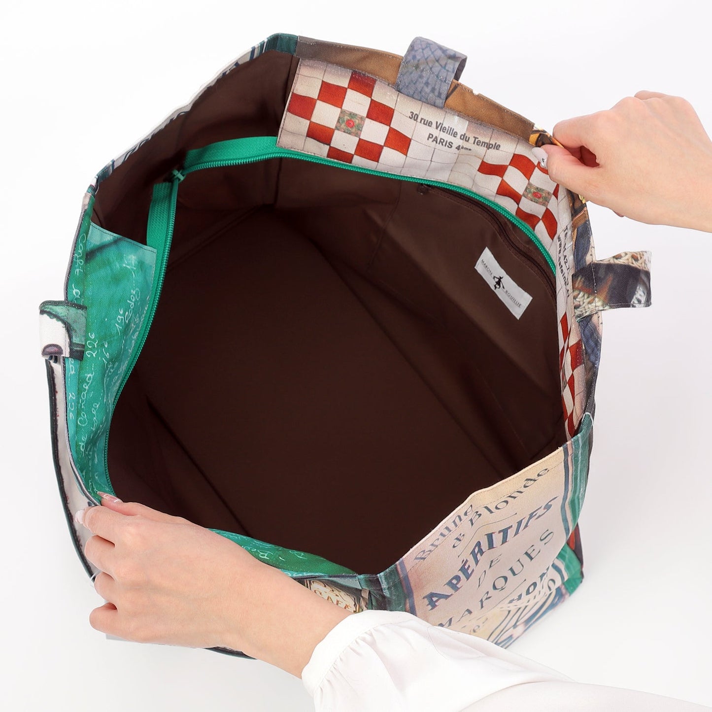 【パリ柄】【タグ無し、又は展示品】ファスナー付きレトロバッグ（大）（P'tit fer a cheval /カフェ） | マロンブイー
