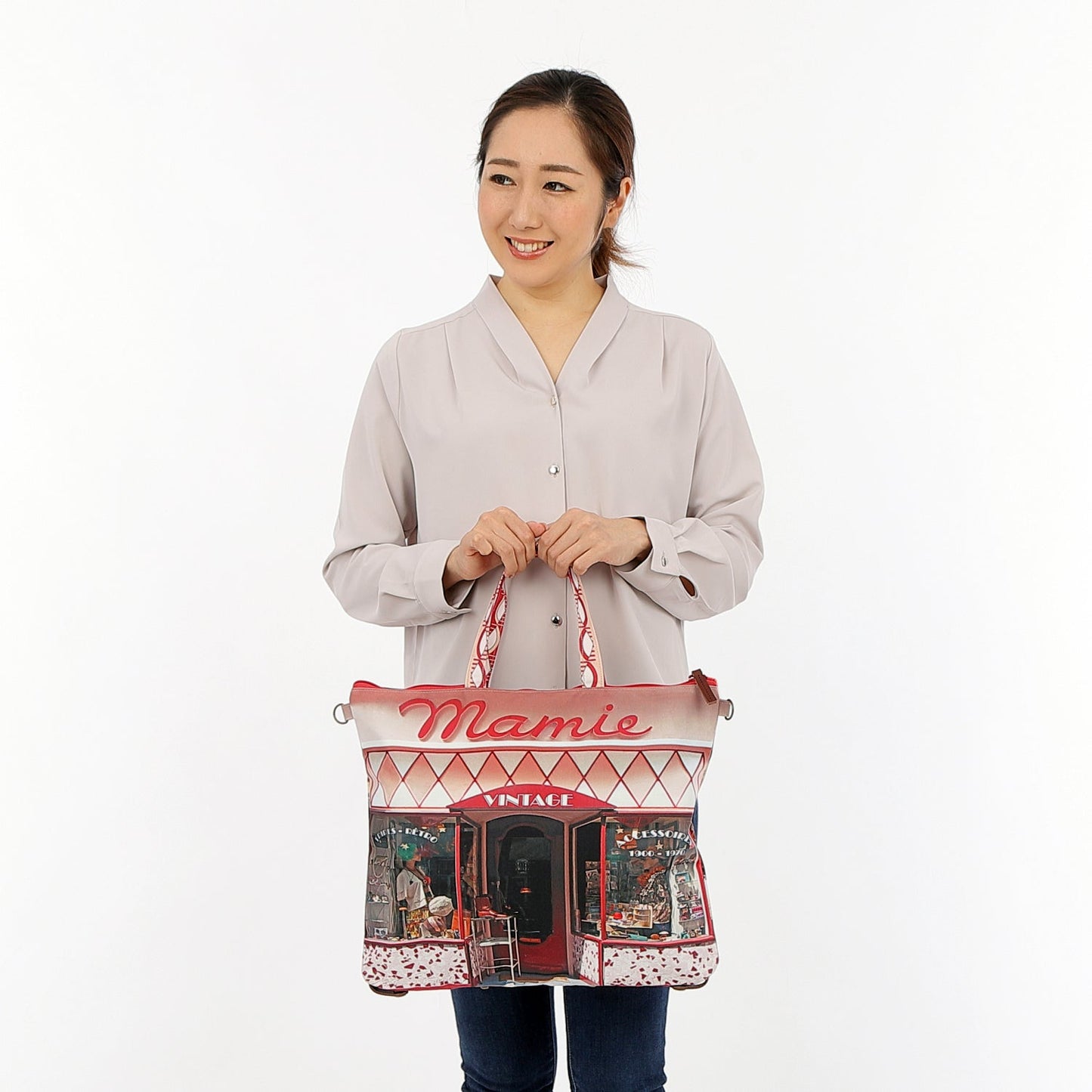 【パリ柄】【ファスナーの塗装剝げ】レトロ３WAYトート Mamie(古着屋) | マロンブイー