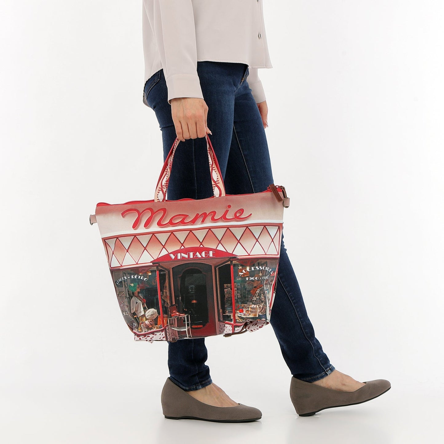【パリ柄】【ファスナーの塗装剝げ】レトロ３WAYトート Mamie(古着屋) | マロンブイー